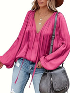 Women's Satin V-neck Long Sleeve Shirt Casual