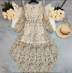 V-neck Irregular Hem Printed Long Sleeve Dress