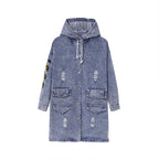 Letter Embroidered Hooded Western Style Denim Jacket