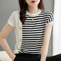 Round Neck Black And White Striped T-shirt For Women