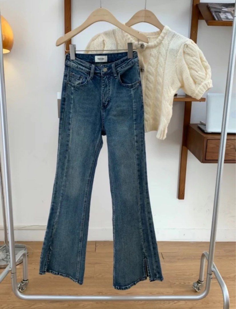 High-waisted, High-elastic, Slim-fitting, Brushed-color, Split-flared Jeans