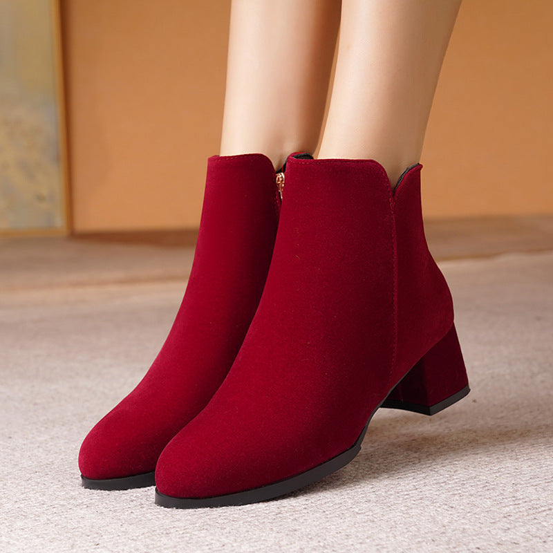Pointed-toe Frosted Suede Side Zipper Chunky Heel Mid Heel Plus Size Female Boots