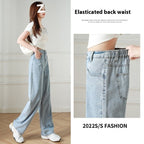 Elastic Waist Straight Jeans Women's Summer Thin High Wide-leg Pants