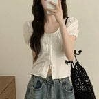 Single-breasted Lace Up Short Shirt French Small Top