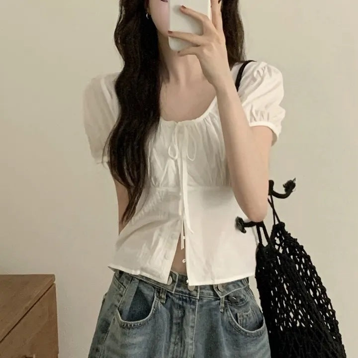 Single-breasted Lace Up Short Shirt French Small Top