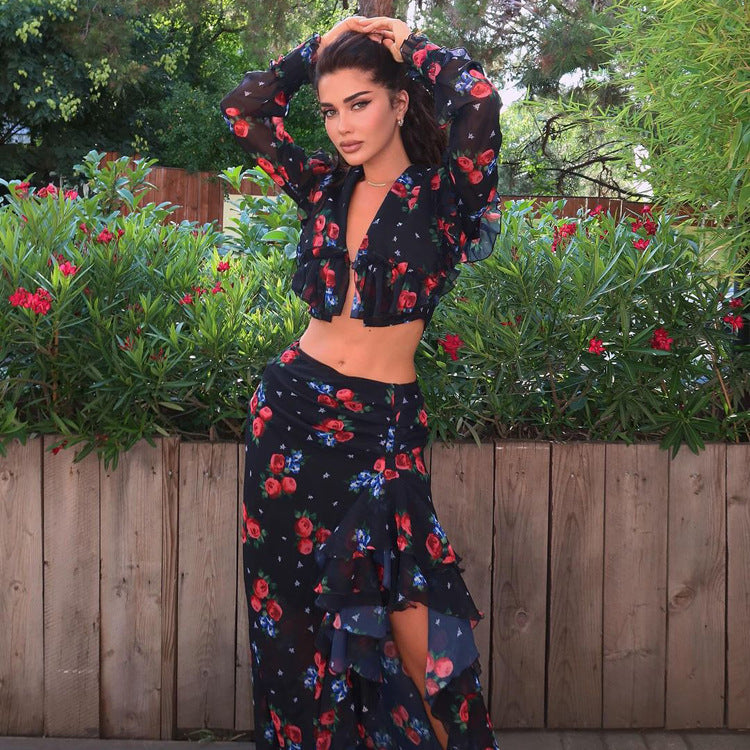 Printed Long Sleeve Short Top Design Ruffled Slit Sheath Skirt Two-piece Set
