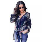 Fashion Shirt V-neck Long Sleeve Knotted Vintage Print Top For Women