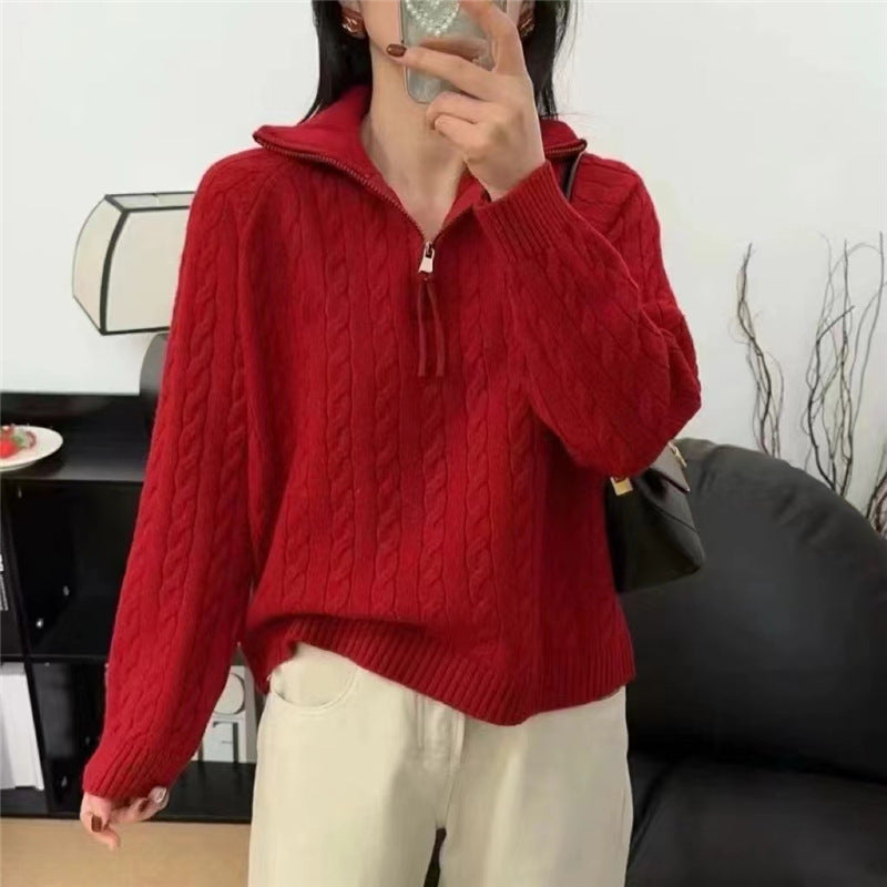 Thick Loose Outer Wear Half Turtleneck Lapel Cable-knit Sweater