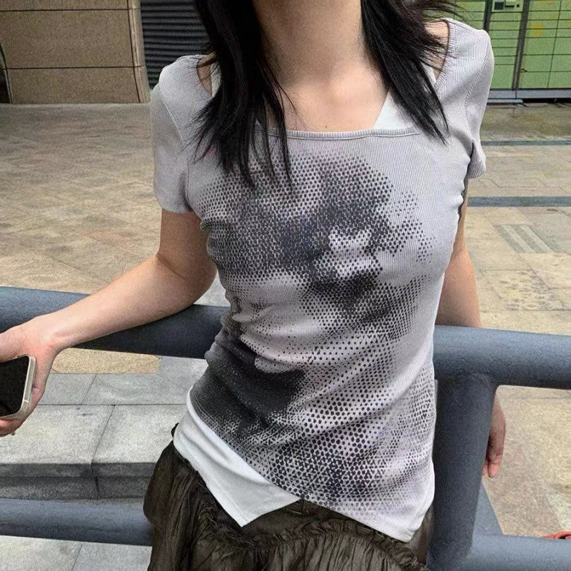 Stitching Fake Two-piece Personality Portrait Printing Short Sleeve