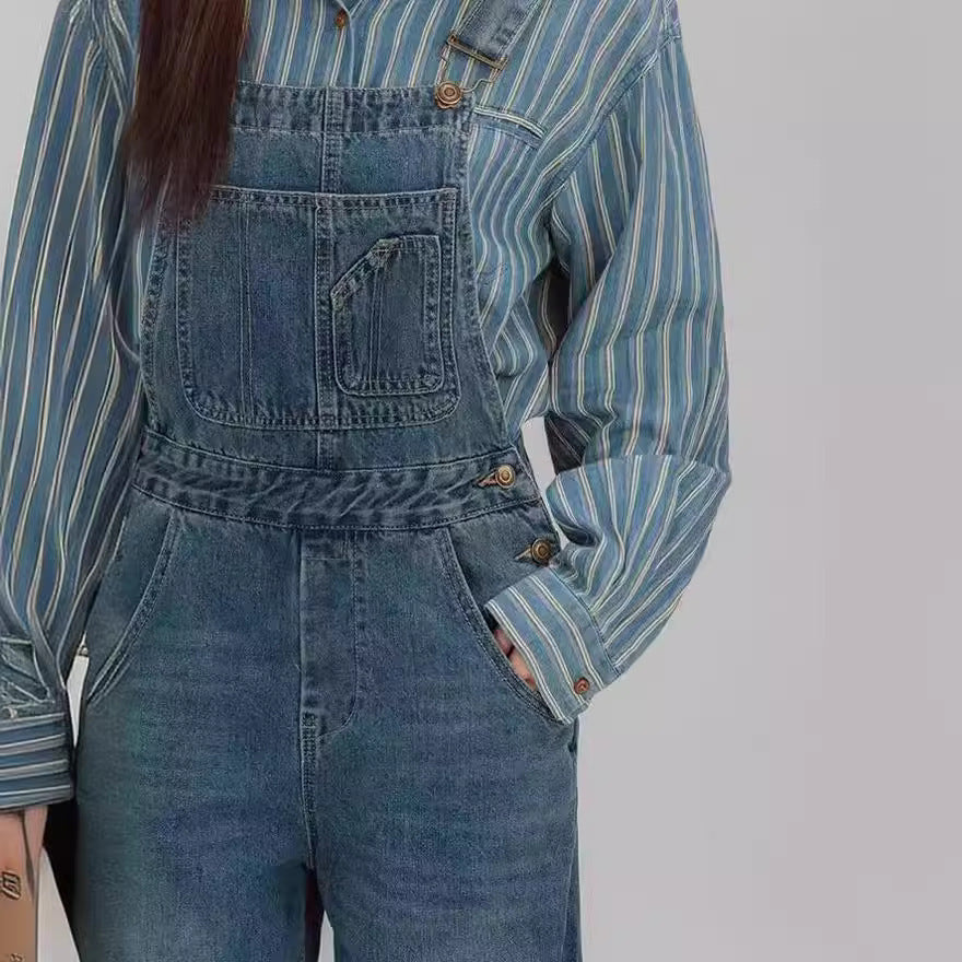 Blue Shoulder Strap Jeans Loose Straight Slimming Shirt