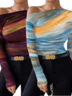 2pcs Print Long Sleeve T-Shirt Graphic Tees Women Tops