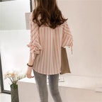 Lace-up Three-quarter Sleeve Striped Shirt For Women
