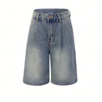 Retro Pleated Wide Leg Straight Denim Shorts Without Belt