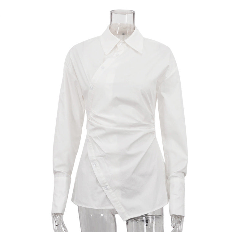 Cotton White Lapel Long Sleeve Waist Cross Irregular Shirt