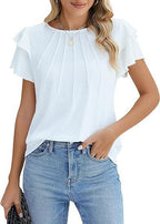 Summer Pleated Short Sleeve Round Neck Top Business Work Shirt
