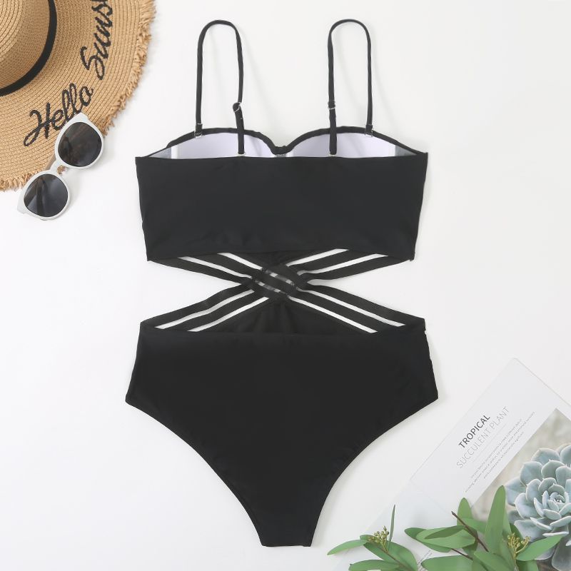 Women's Solid Color European And American Lace Up One-piece Bikini